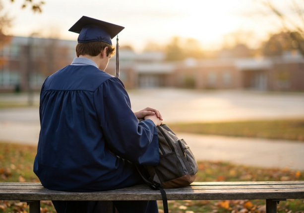 back of a graduating teen in cap and gown sitting on a bench, experiencing teen graduation anxiety.