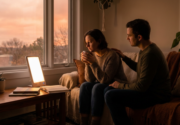 man comforting woman with a light therapy lamp for seasonal depression prevention