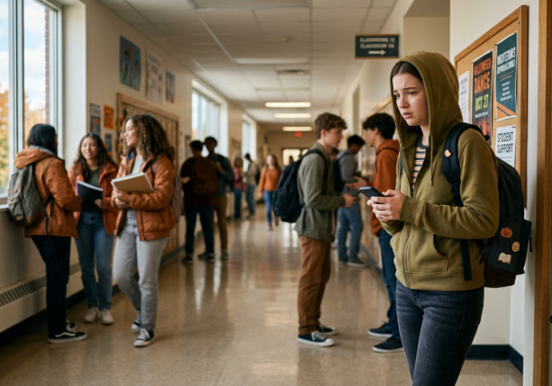 anxious teen girl in a busy school hallway feeling teen anxiety social pressure, looking down at phone.