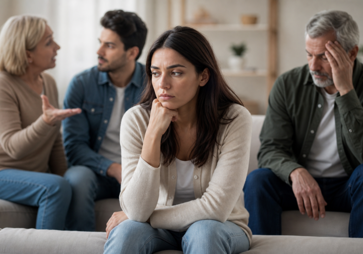 a young woman deeply lost in thought, alongside a family processing family trauma.