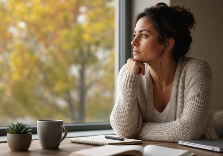 thoughtful woman looking out window, contemplating setting boundaries anxiety.