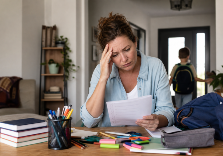 stressed mother reading papers, child leaving in background, depicting parenting anxiety therapy.