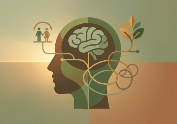abstract head silhouette with brain, family, nature, and interconnections representing adult depression treatment.