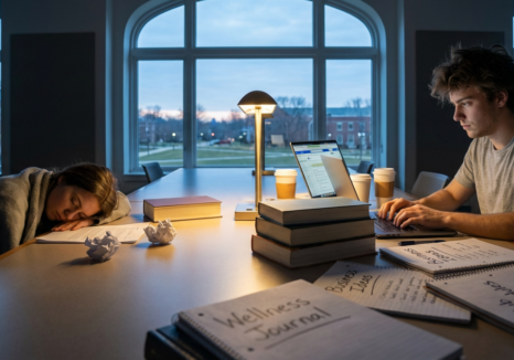 two tired college students studying late, one sleeping, highlights challenges for bipolar disorder college students.