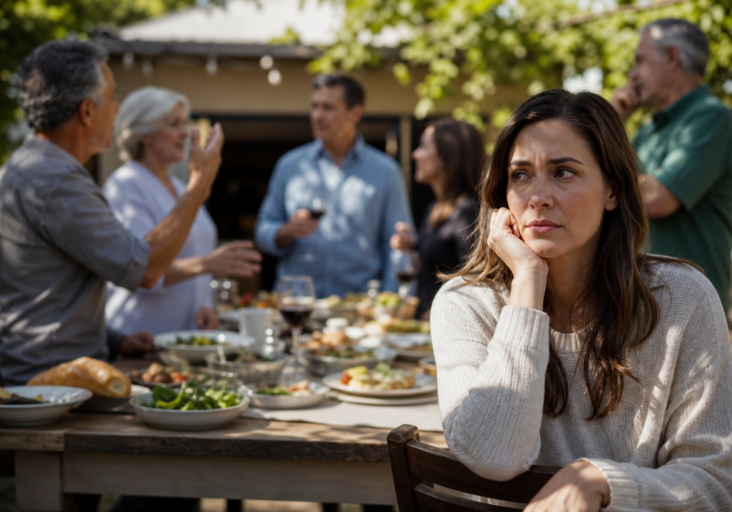a pensive woman, chin in hand, sits at a dinner table during a family gathering, reflecting on navigating family gatherings.