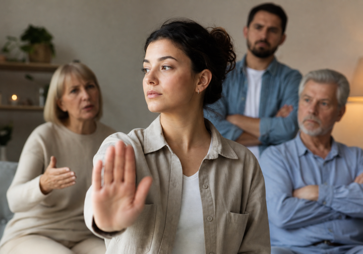 young woman setting fear of rejection boundaries with hand up, family in background.