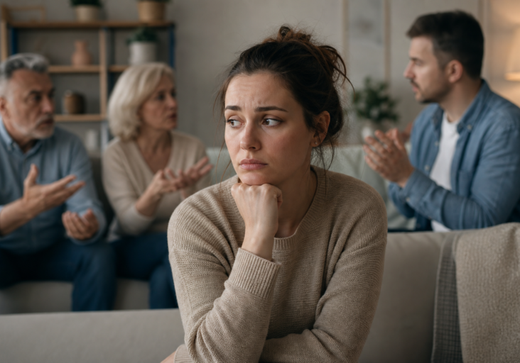 anxious young woman sitting while family members argue, depicting boundary setting anxiety adults.