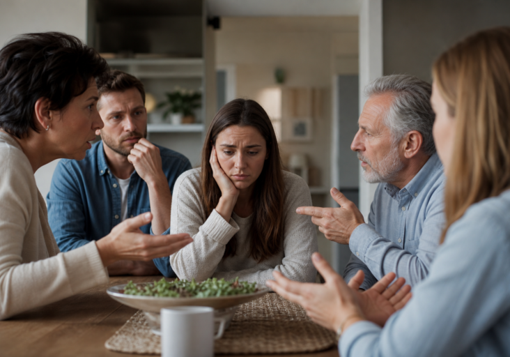 distressed young woman at table, surrounded by talking family members, struggling with emotional boundaries with family.