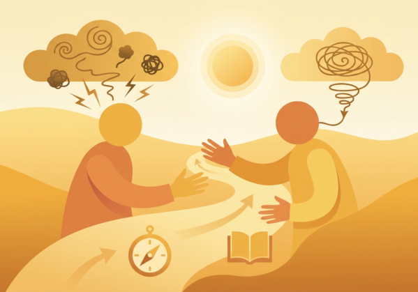 two figures with thoughts of depression and anxiety, and a path with a compass and book leading to clarity.