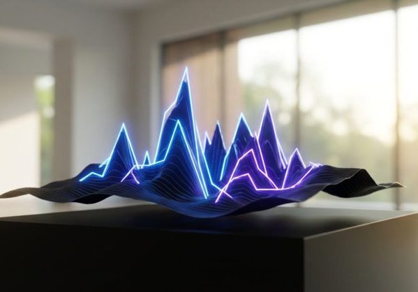 glowing neon blue and purple lines form abstract anxiety peaks over a dark, rippling surface.