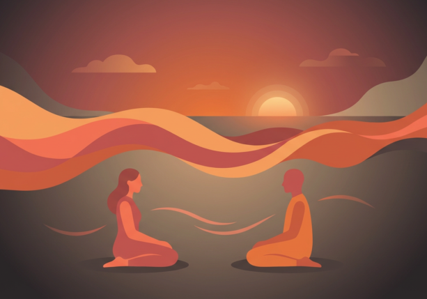two figures meditating facing each other, symbolizing emotional flooding therapy at sunset.