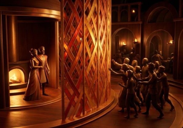 couple behind a golden lattice, setting boundaries from many reaching figures.