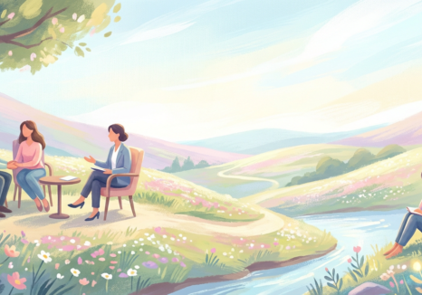 a couple and therapist in an outdoor setting, with a woman reading nearby for couples therapy individual healing.