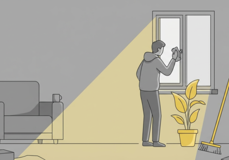 illustration of a person cleaning a window in a messy room, representing depression spring cleaning.