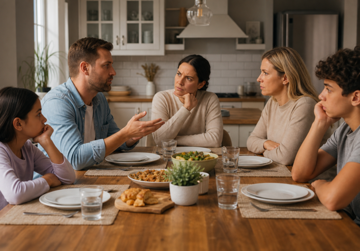 blended family discussing values conflict at dinner, serious expressions on parents and children.