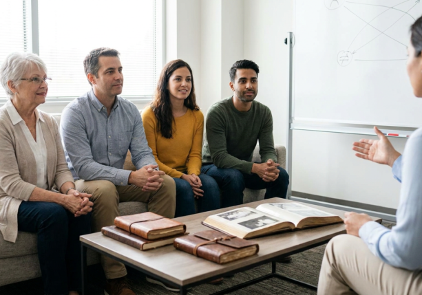 a diverse family group engaged in generational trauma therapy with a female therapist.