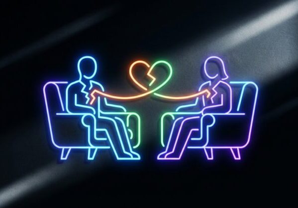 neon outlines of a man and woman with broken hearts, connected, for grief counseling.