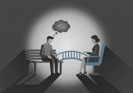 illustration of two figures using a small bridge, depicting complicated grief counseling.