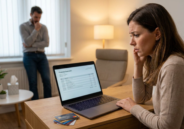 stressed woman at laptop with financial statement, man in background, needs financial infidelity counseling.
