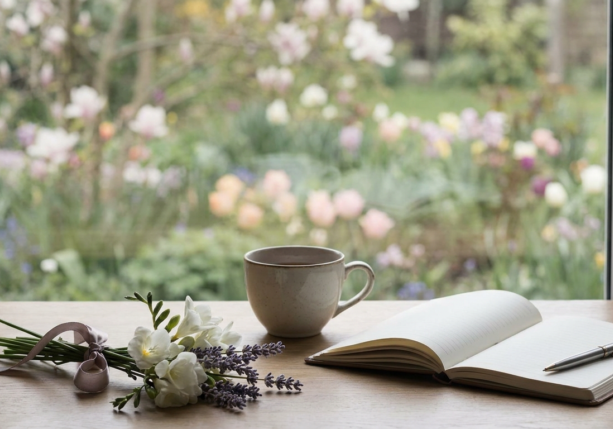still life with white freesias, journal, and coffee cup by a window, ideal for mothers day grief counseling resources.