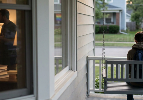 lonely queer youth on a porch swing, parents arguing inside, highlighting lgbtq youth family conflict.