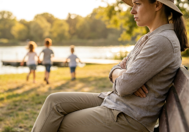 a woman in a straw hat sits on a bench with crossed arms while children play, representing summer parental anxiety.