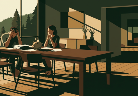 couple experiencing financial stress, sitting at a table with bills and a nearly empty piggy bank.