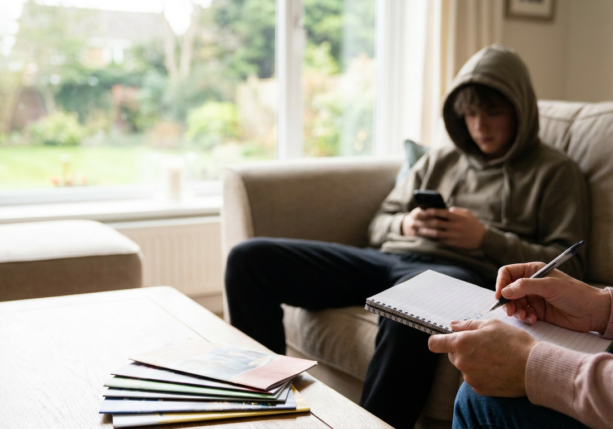 teenager on phone, person taking notes; possible teen depression symptoms evaluation.