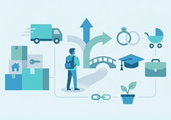 a person at a crossroads with icons representing major life changes: moving, marriage, education, career, family.