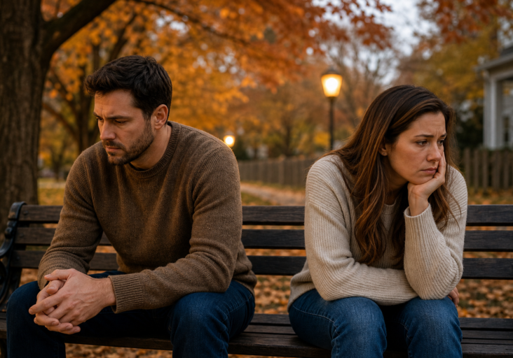 upset couple sitting apart on a park bench in autumn for couples therapy september
