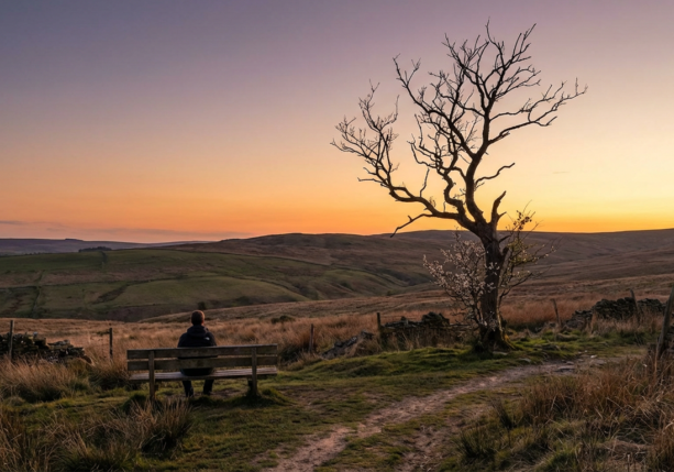 person on a bench watching sunset over hills, ideal for easter grief healing.