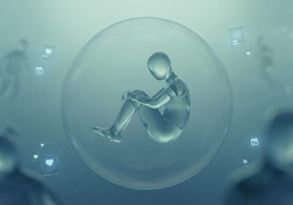 human curled inside a bubble, surrounded by social media icons and blurred figures, depicting social anxiety.