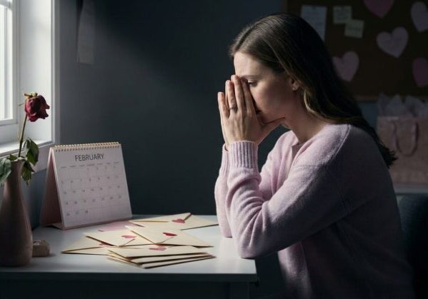 a stressed woman at a desk with february's calendar, withered rose, and sealed envelopes, feeling february's relationship pressure.