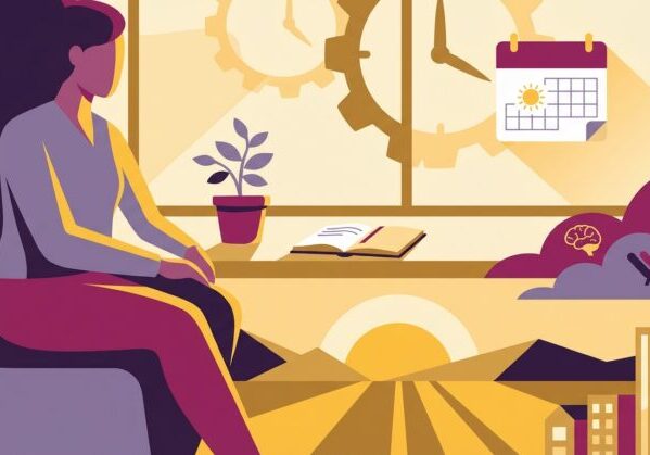 person looking out a window at a sunrise and cityscape, struggling with february's shorter days.