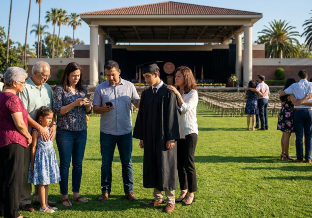 a graduate student with his family and other families on a lawn after a ceremony, showcasing graduation family dynamics.