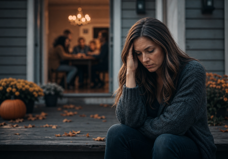 sad woman sitting outside during october while family gathers inside, highlighting family trauma triggers.