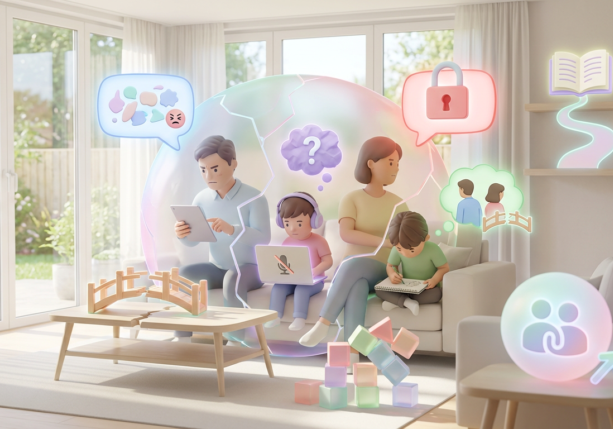 stylized family on a couch with frustrating communication bubbles, symbolizing how families struggle with communication.